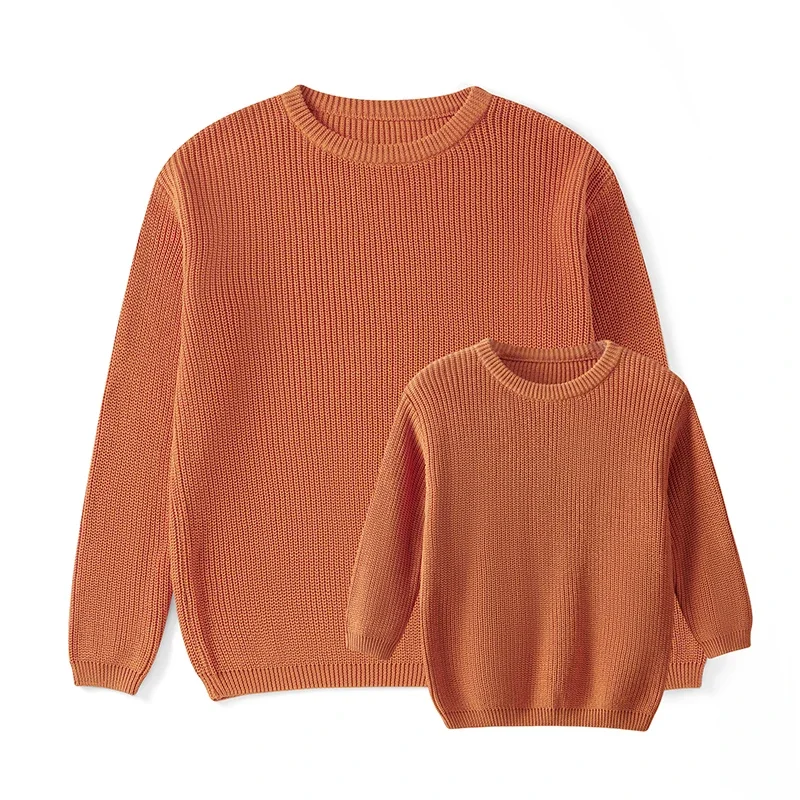 

Autumn Winter Fashion Mommy and Me Matching Sweaters Solid Color Ribbed Long Sleeve Round Neck Chunky Knit Tops