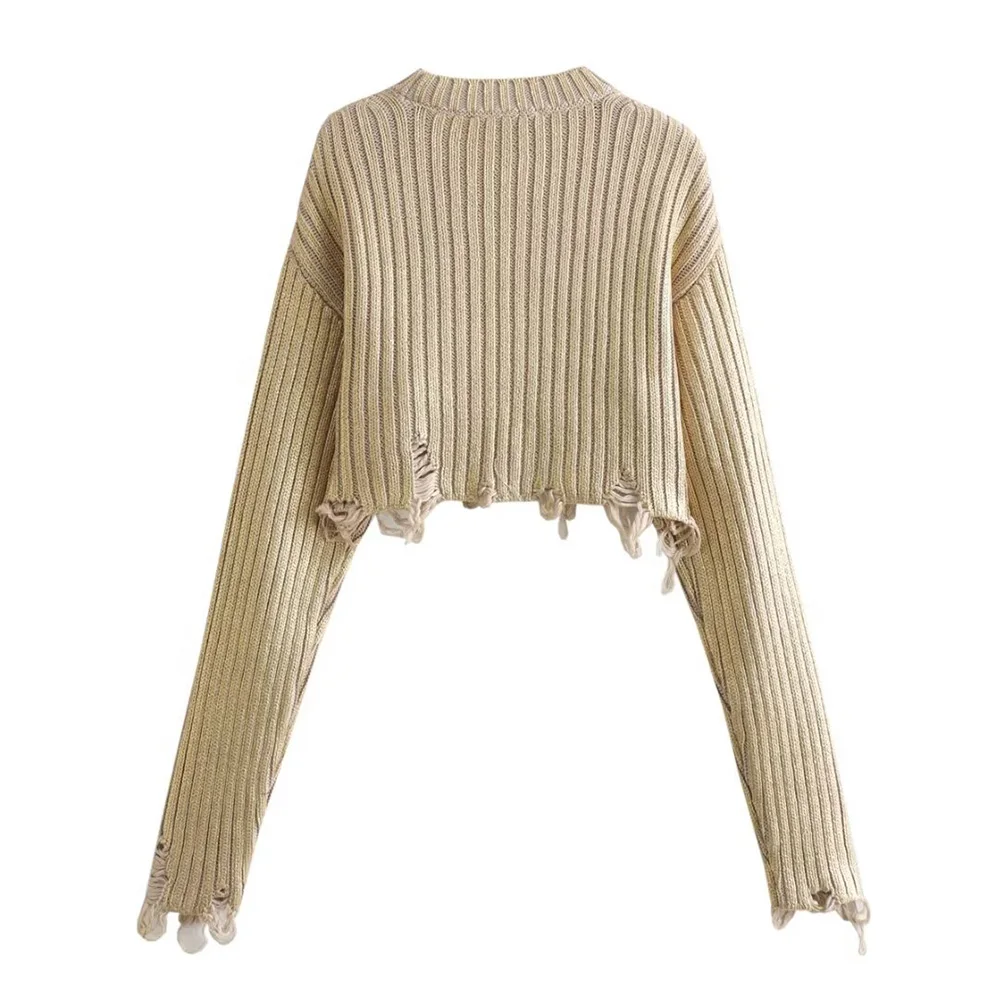 ZATT 2024 Autumn New Collection Fashionable Casual Two Colors Round Neck Foil Bottom Frayed Design Short Women Knit Sweater