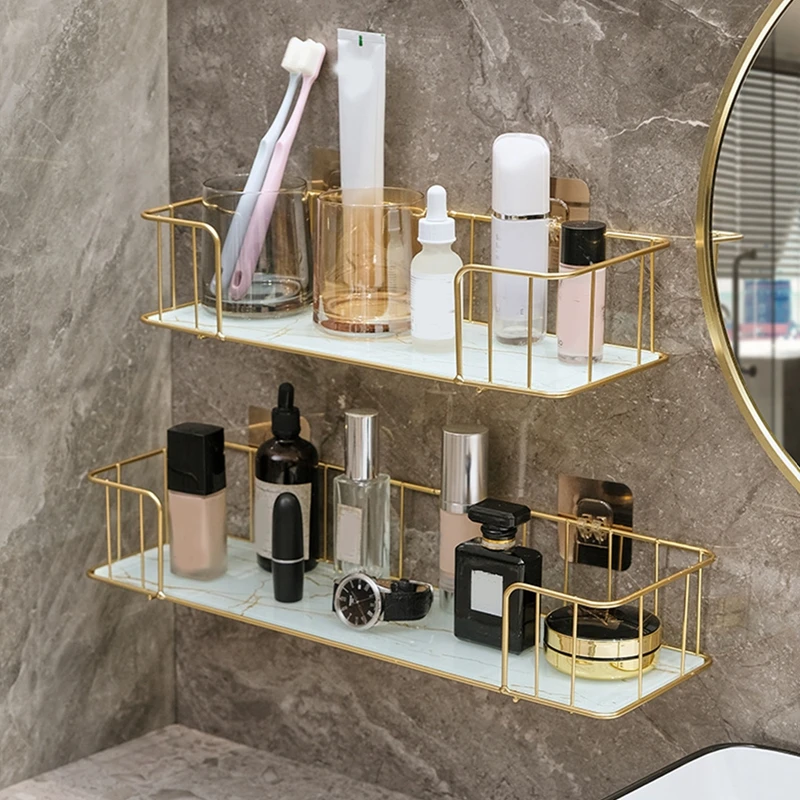 Light Luxury Bathroom Shelf Gold Storage Rack Without Punching Shower Gel Storage Rack Cosmetics Toiletries Storage  Organizer