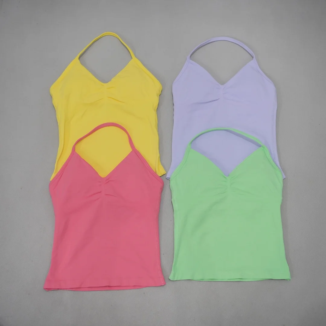 DFDK Gym Longline Strappy Top Women Seamless Yoga Tank With Removable Pads V Neck Workout Clothes Sports Running Fitness Vest