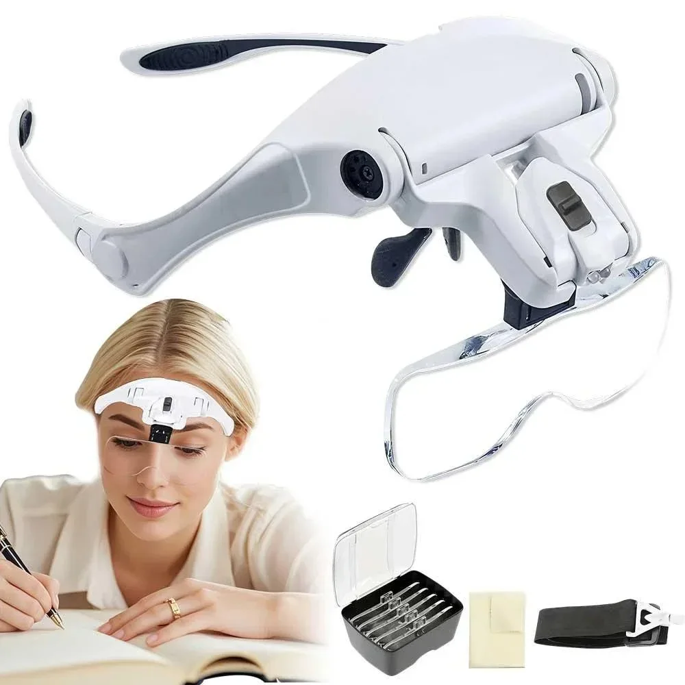 Head Mounted Magnifier with LED Light 5 Interchangeable Lenses 10X to 35X Magnification Adjustable Comfortable Headband