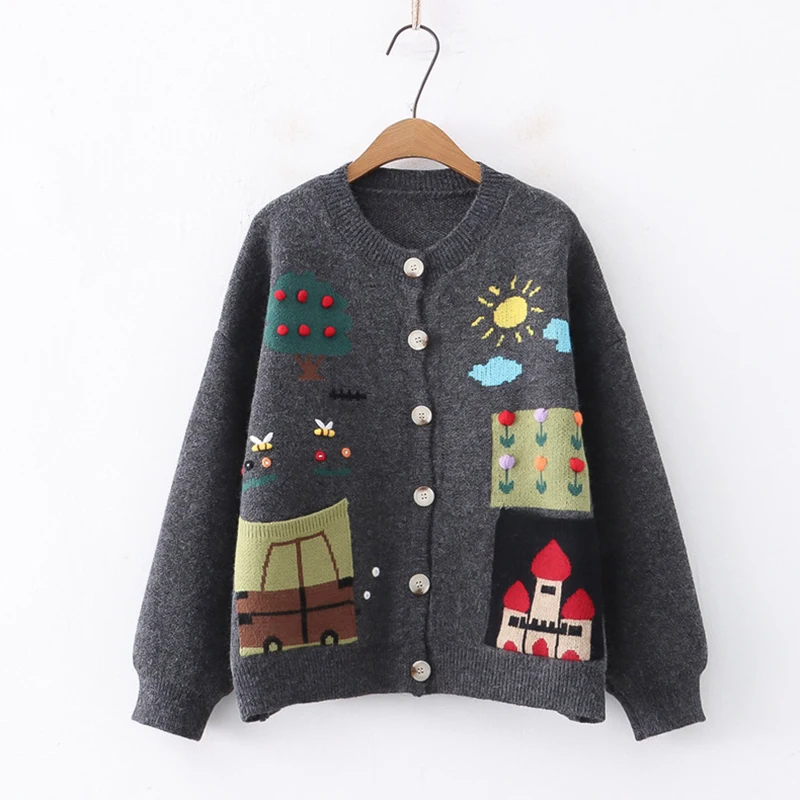 Pull Jacquard Brodé Dessin Animé pour Femme, Cardigan Chaud Kawaii, Grande Poche, Col Rond, Mori Girl, Femme, Automne, Hiver, Nouveau, U397