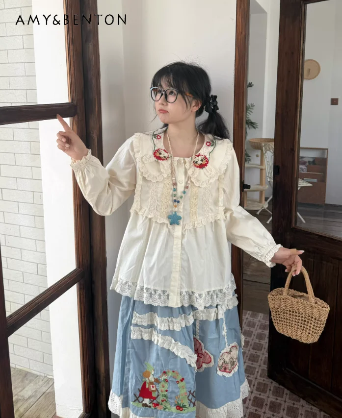 

Summer New Mori Girl Style Cute Sweet Kitten Embroidered Lapel White Long Sleeve Shirt Loose Lace Blue Long Skirt