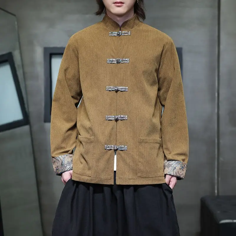 

New Chinese Sle Men's Retro Embroidered Stand Collar Jaet Spring Autumn Corduroy Coat Improved Tang Costume Loose Fit