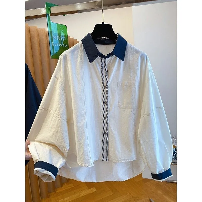 

Loose Women's Shirt New Autumn 2025 Korean Style Casual Design Pocket Color Block Front Short Back Long Top Polyester Cotton ...