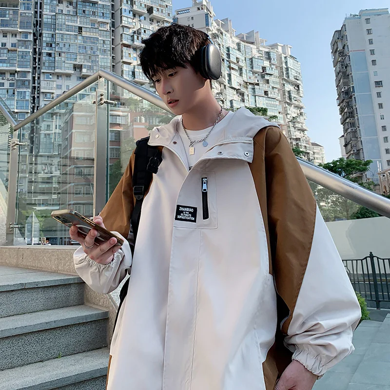 

Мужская спортивная куртка-ветровка с капюшоном, весна-осень 2024, новая модная модель с цветовыми блоками, функциональная, в американском стиле, с длинными рукавами, на молнии, для активного отдыха