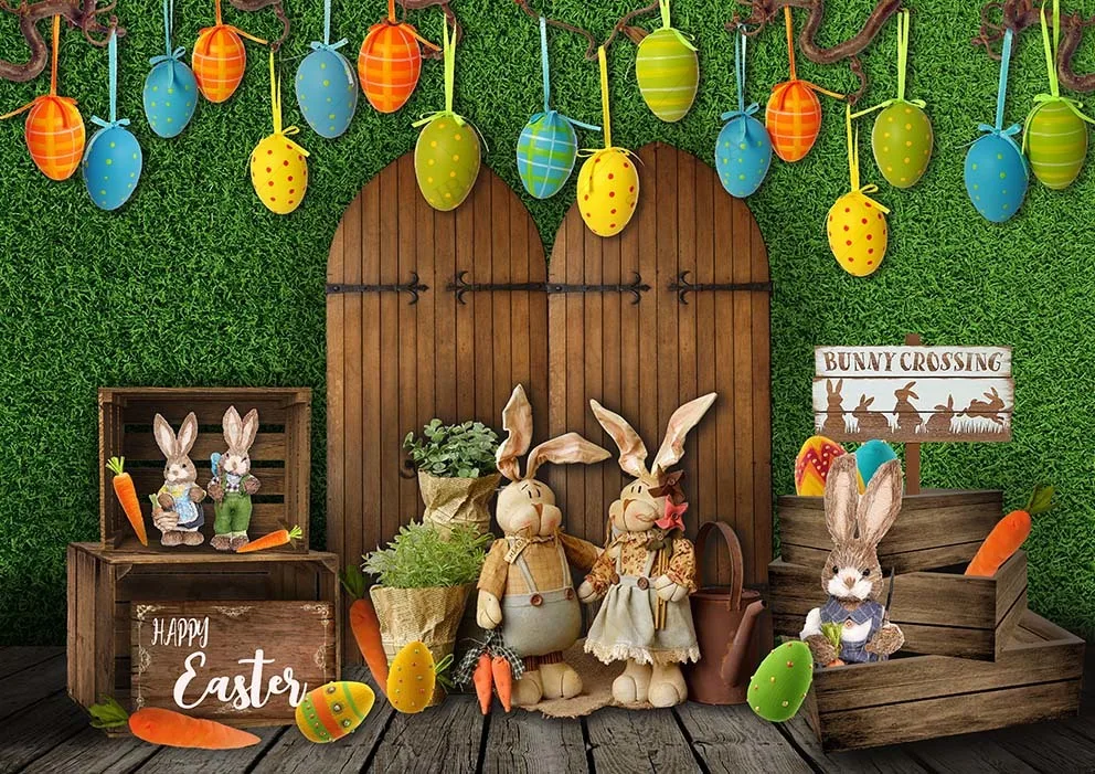 Spring Easter Backdrops Wood Floor Flowers Grass Bunny Carrot Eggs Newborn Child Portrait Photo Background for Photo Studio