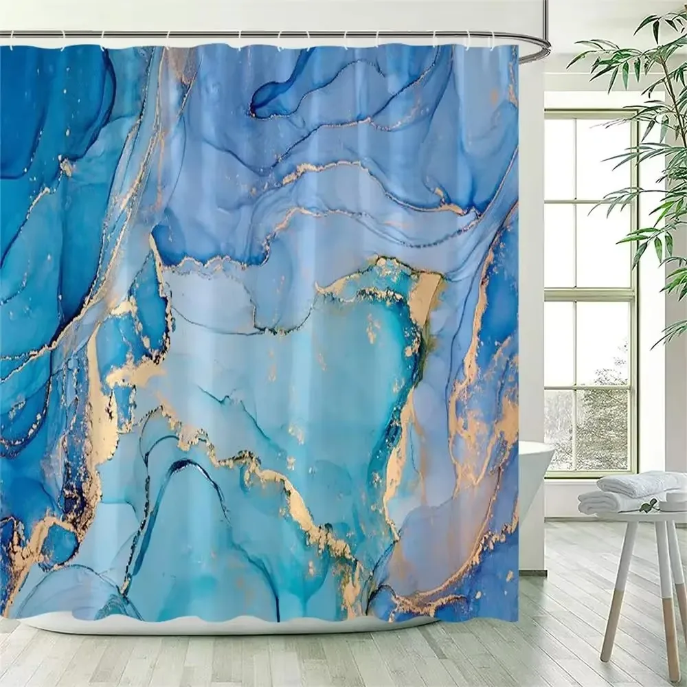 Luxury Green Black Marble Agate Gold Foil Vein Texture Shower Curtain Modern Abstract Ink Fluid Stone Pattern Waterproof Fabric