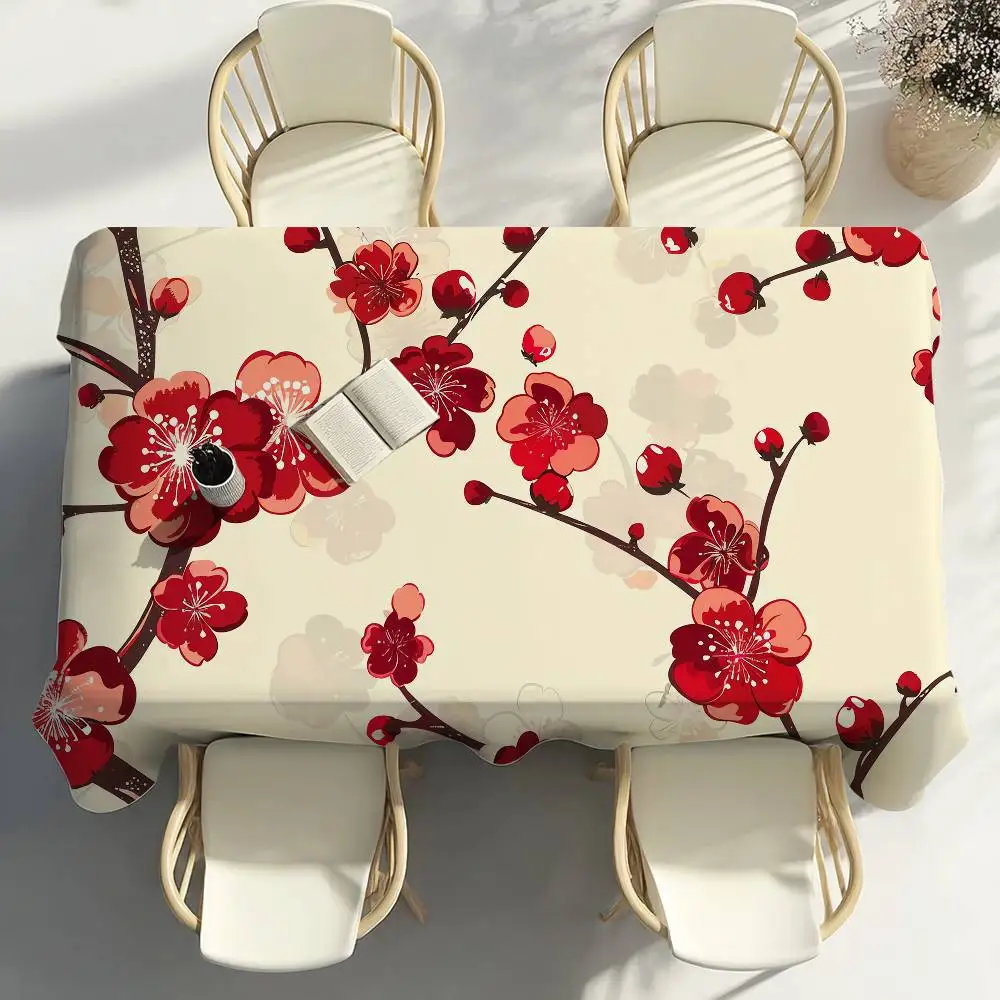 Plum Blossom Flower Table Cloth Party Decor Dining Room Home Kitchen Patios Waterproof Stain-Proof Table Cloth