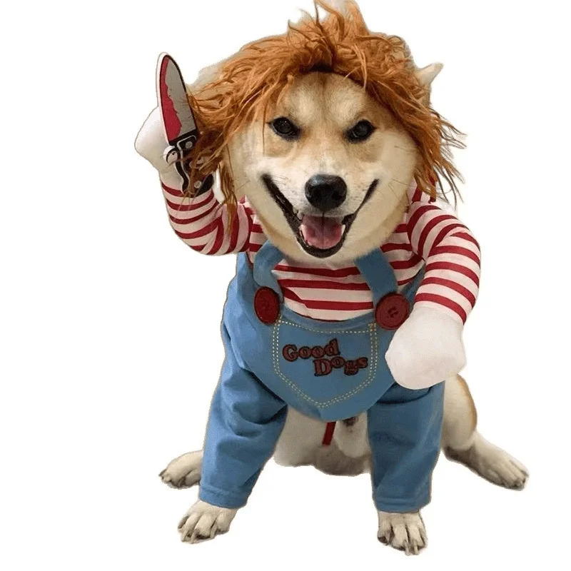 Zabawne ubranka dla psów, kostium na Halloween dla małych, średnich i dużych psów, strój na festiwal, piesek trzymający nóż, przebranie cosplay, prezent na imprezę, odzież dla zwierząt.