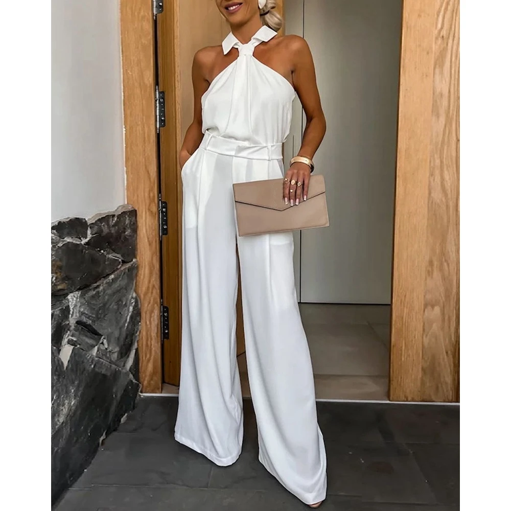 Women Sleeveless Halter Turn-down Collar Jumpsuits Summer Casual Lady Ruched Wide Leg Jumpsuit Korean Outfit Workwear Clothing