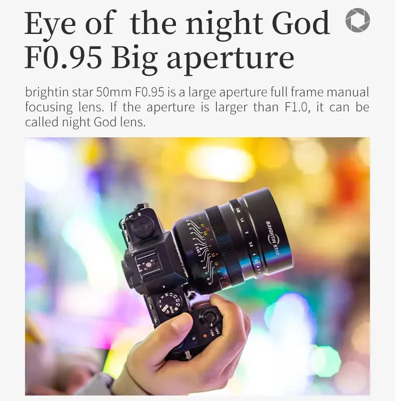 Brightin Star 50mmF0.95 عدسة كاميرا صورة كاملة الإطار لسوني ZVE10 A7iii A6400 نيكون Z كانون RF L-mount كاميرا التصوير الفوتوغرافي