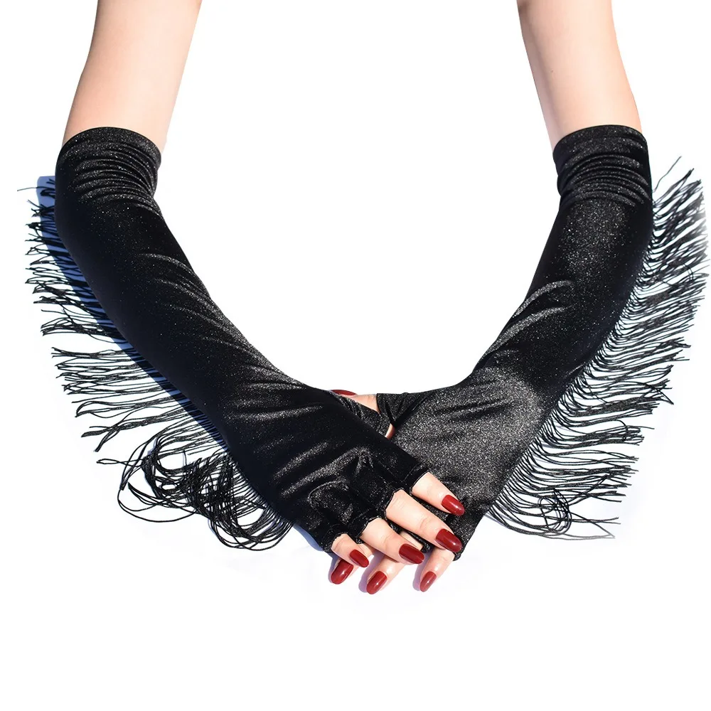 Simple Musical Lady Long Gloves Stretch Fashion Fringe Tassel Gloves Tassel Stage Dance Mittens Girls