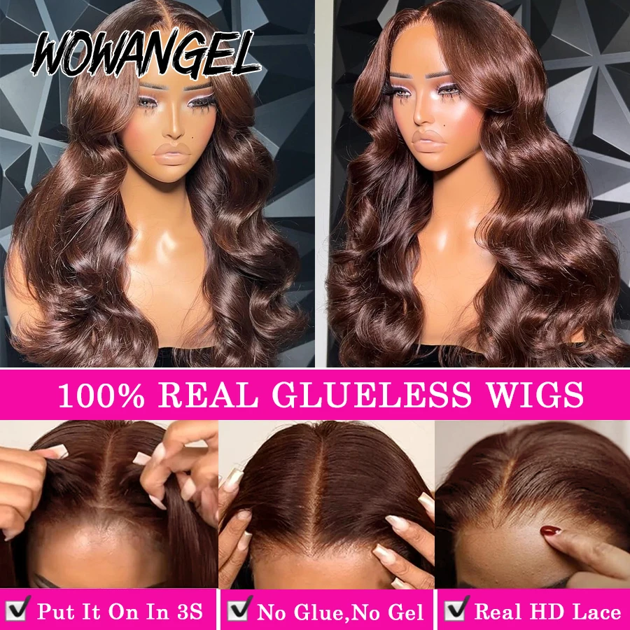 Wow Angel Pre Cut 5x5 HD Lace Closure Wigs 34in Chocolate Brown Body Wave Glueless Wigs Skins Melted Human Hair Wigs For Woman