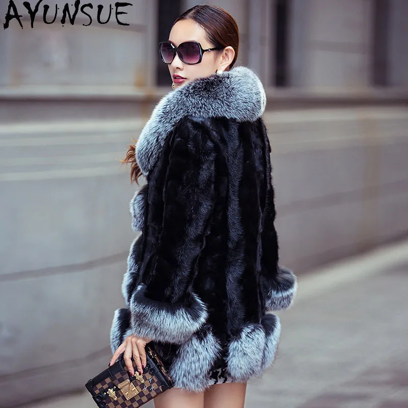 AYUNSUE réel manteau de fourrure de vison femmes vêtements veste d'hiver veste de fourrure chaude mi-longue femmes manteaux 100% col de fourrure de renard Шуба Ж Döncud