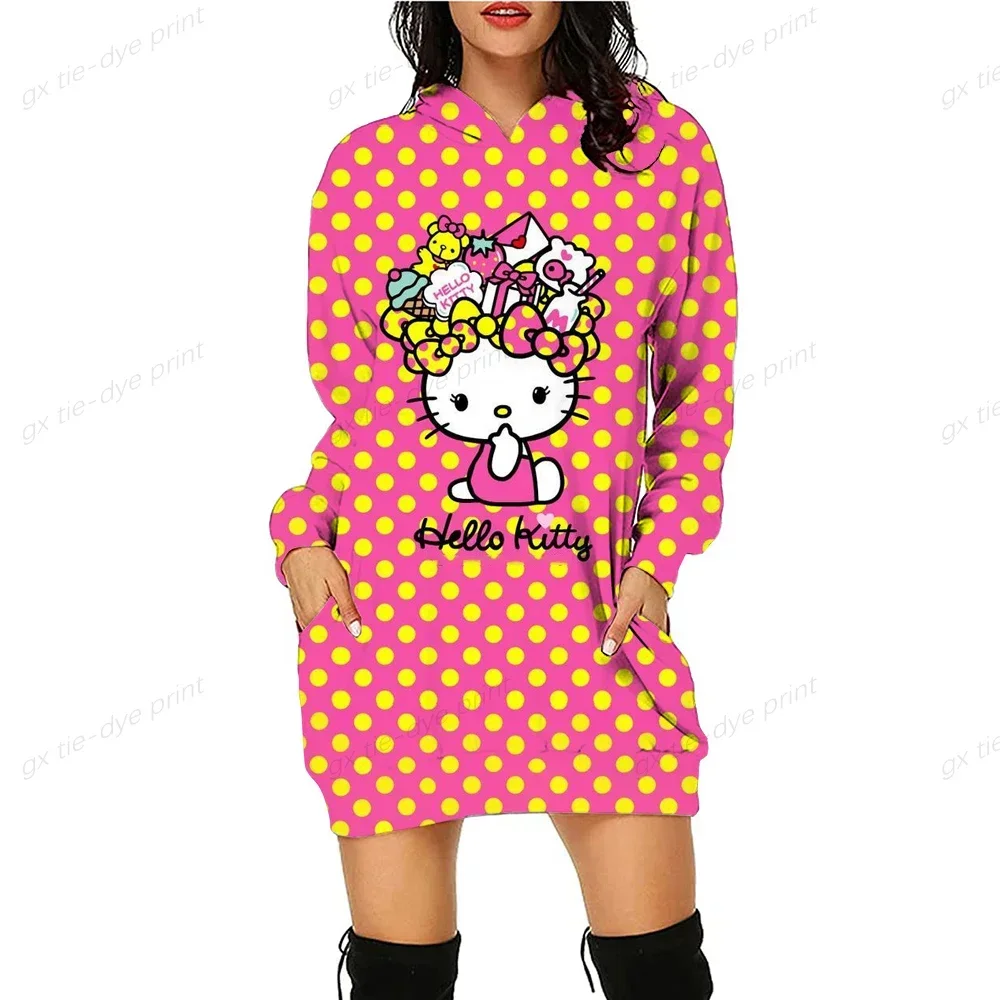 HELLO KITTY Autumn Women Hoodie Dress Fashion Slim Fit Sweatshirt Dresses for Women Pocket Kawaii Hooded Casual Dress Mini Dress