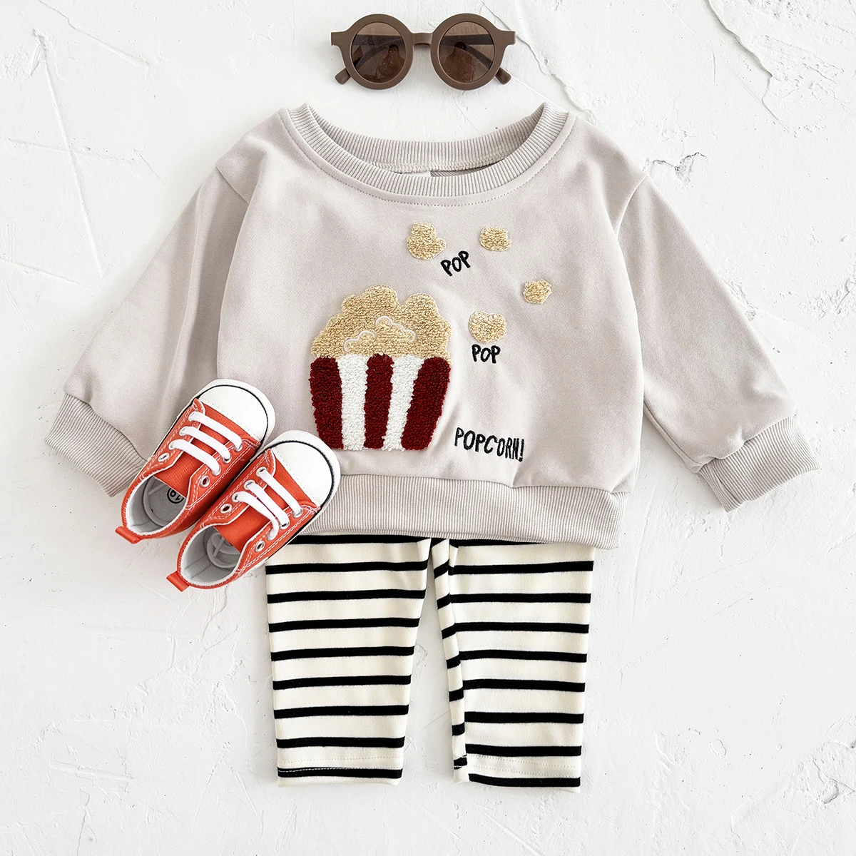 Nouvelle tenue pour bébé haut printemps automne fille pantalons longs sweat dessin animé pop-corn haut enfants enfants vêtements 2 pièces bébé garçon vêtements