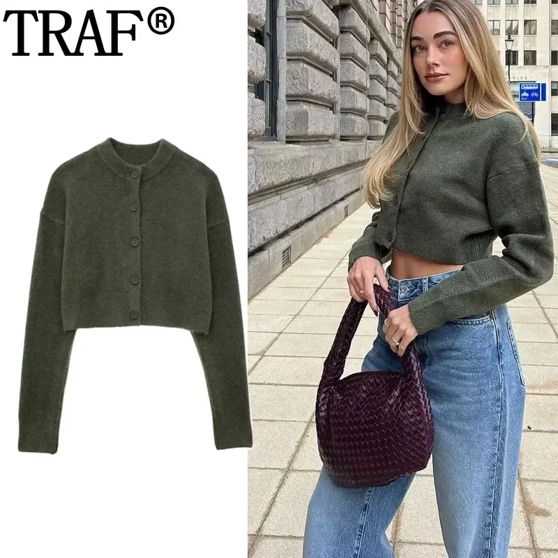 TRAF Cropped Sweaters Cardigan Woman Knitted Cardigan For Women Autumn Winter Button Jerseys Long Sleeve Elegant Woman Sweater