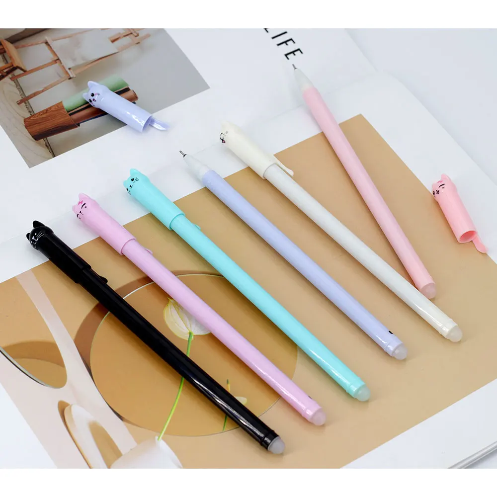 6/12Pcs/Set 0.5mm New Creative Cat Erasable Gel Pen Set Washable Handle Smooth Writing Black Blue Magical Erasable Refill Rod