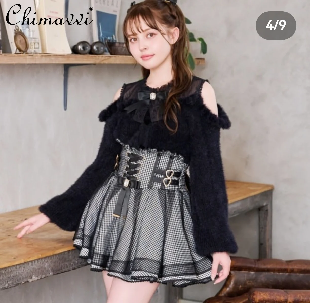 Liz japonais produit en série doux nœud papillon moelleux épaules dénudées tricoté pull automne nouvelle fille mignonne à manches longues Lolita pull