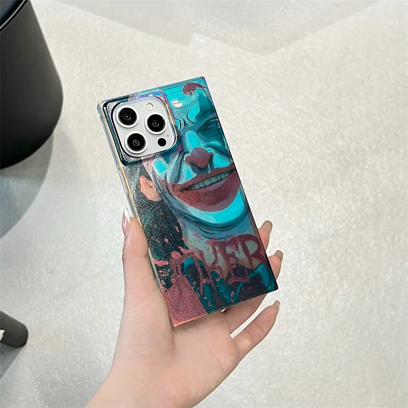 Luxury Square Joker Smooth Chameleo Silicone Case For iPhone 16 15 14 13 Pro Max Cartoon Clown Rectangle Shockproof Back Cover