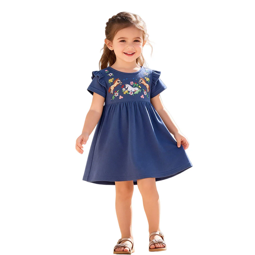 

Summer Floral Embroidery Horse Girls Dress Children's Fashion Party Birthday Baby Girls' Frocks Animal Detailing Kids Clothes