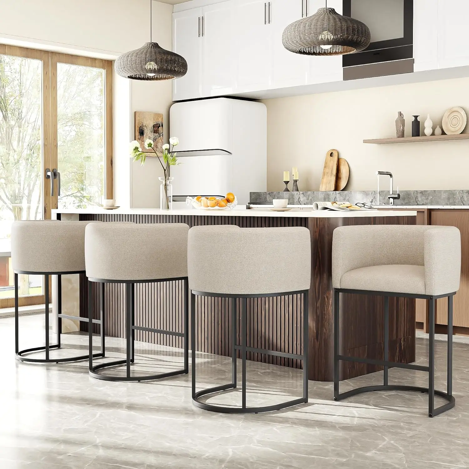 

Набор барных стульев высотой 26 дюймов, 4 шт., современные табуреты-бочки со спинкой и подлокотниками, льняная ткань, по индивидуальному заказу