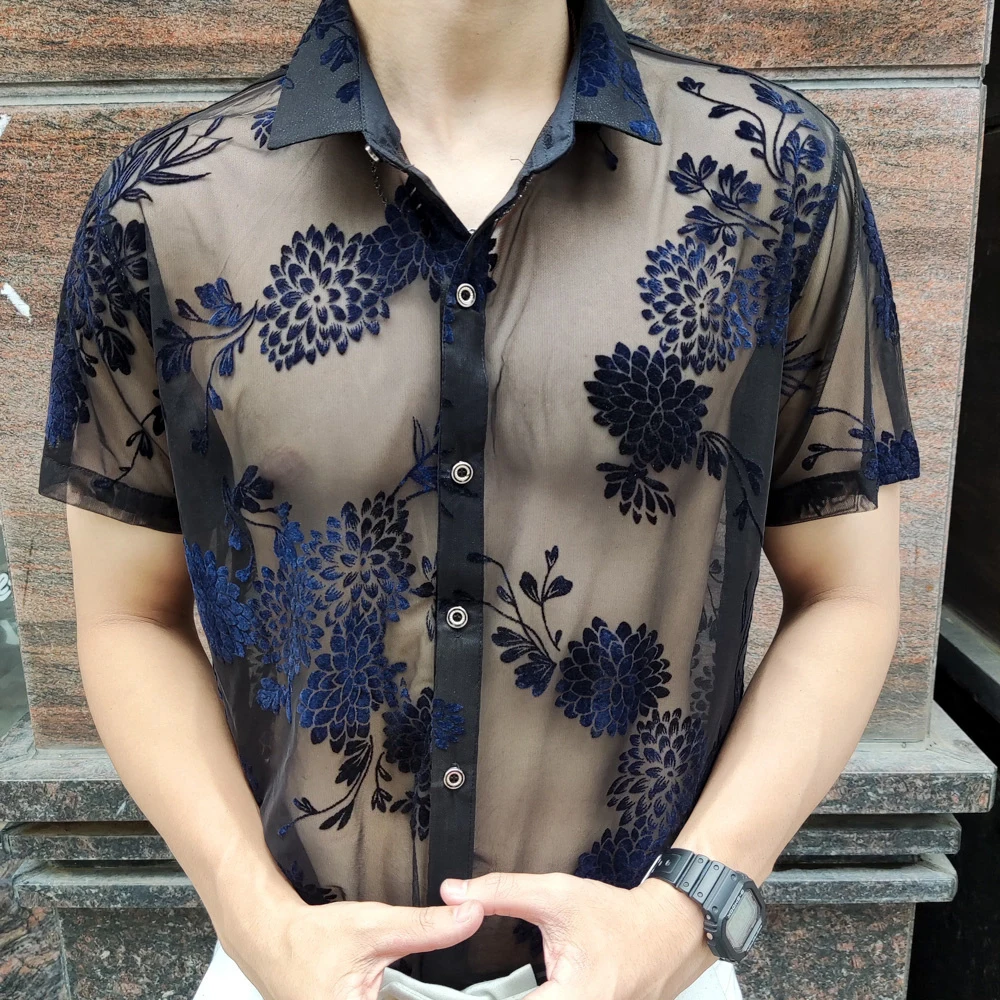 Men Sexy Flower Hollowed Out Shirt Men Lapel Short Sleeved Transparent Clothing Streetwear Casual See Through Trendy Design Tops