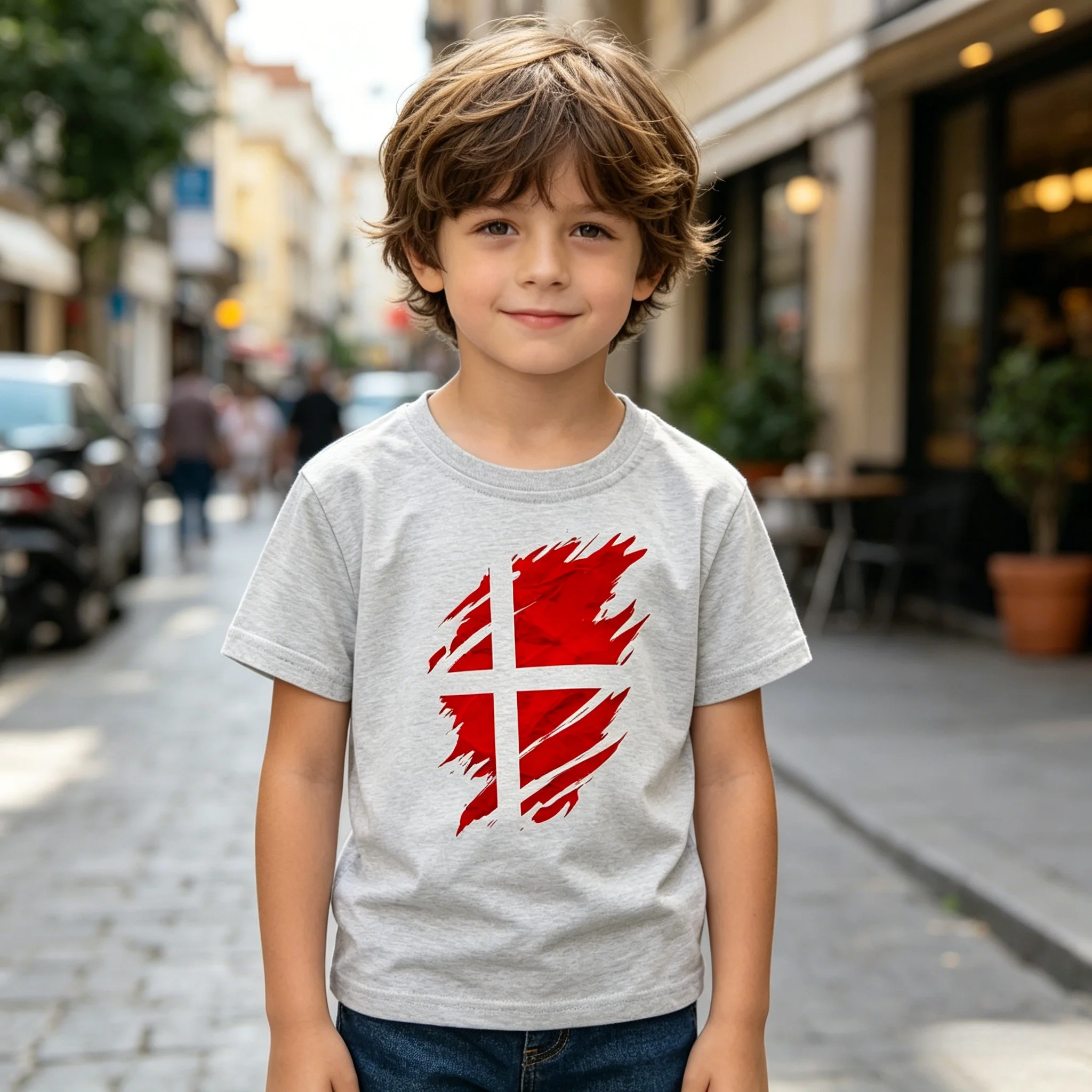 Denmark Flag Print Kids Casual Short Sleeve T-Shirt Cotton Soft Breathable Machine Washable for Outdoor Sports Daily Play