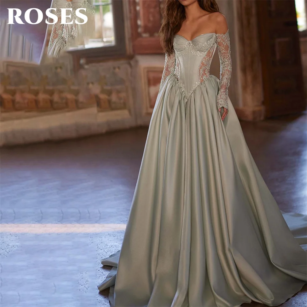 ROSES Sage Green A Line Satin 프롬 드레 Off the Shoulder Prom Gown Long Sheer Lace Sleeve Party Dress for Formal Event Customized