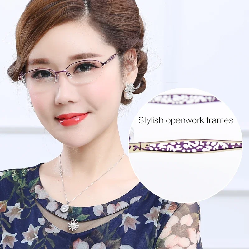 Blue light blocking Reading Glasses for Women, Ultra-lightweight Metal Half Frame, Computer Readers Anti UV/Eyestrain/Glare