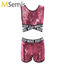 Kids Girls Hip Hop Dance Clothing Sparkling Sequins Ballroom Jazz Dance Costumes Sleeveless Tank Crop Top With Shorts Set Outfit