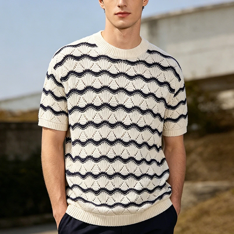 Fashionable Striped Crochet T Shirts Mens Short Sleeve Crew Neck Knitted Casual Pullover Tops Summer Leisure Men Hollow Out Tees