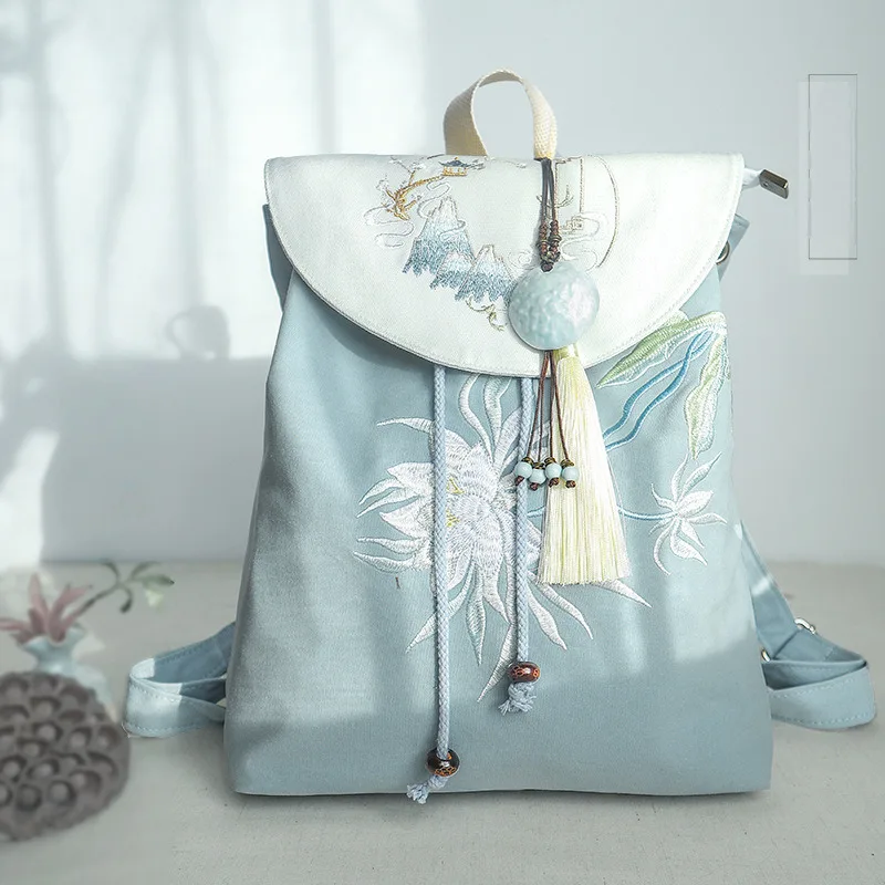 Chinese Embroidery Drawstring Bags Hanfu Handbag Floral Canvas Bag Women Ancient Traditional Style Bead Pendent Backpack