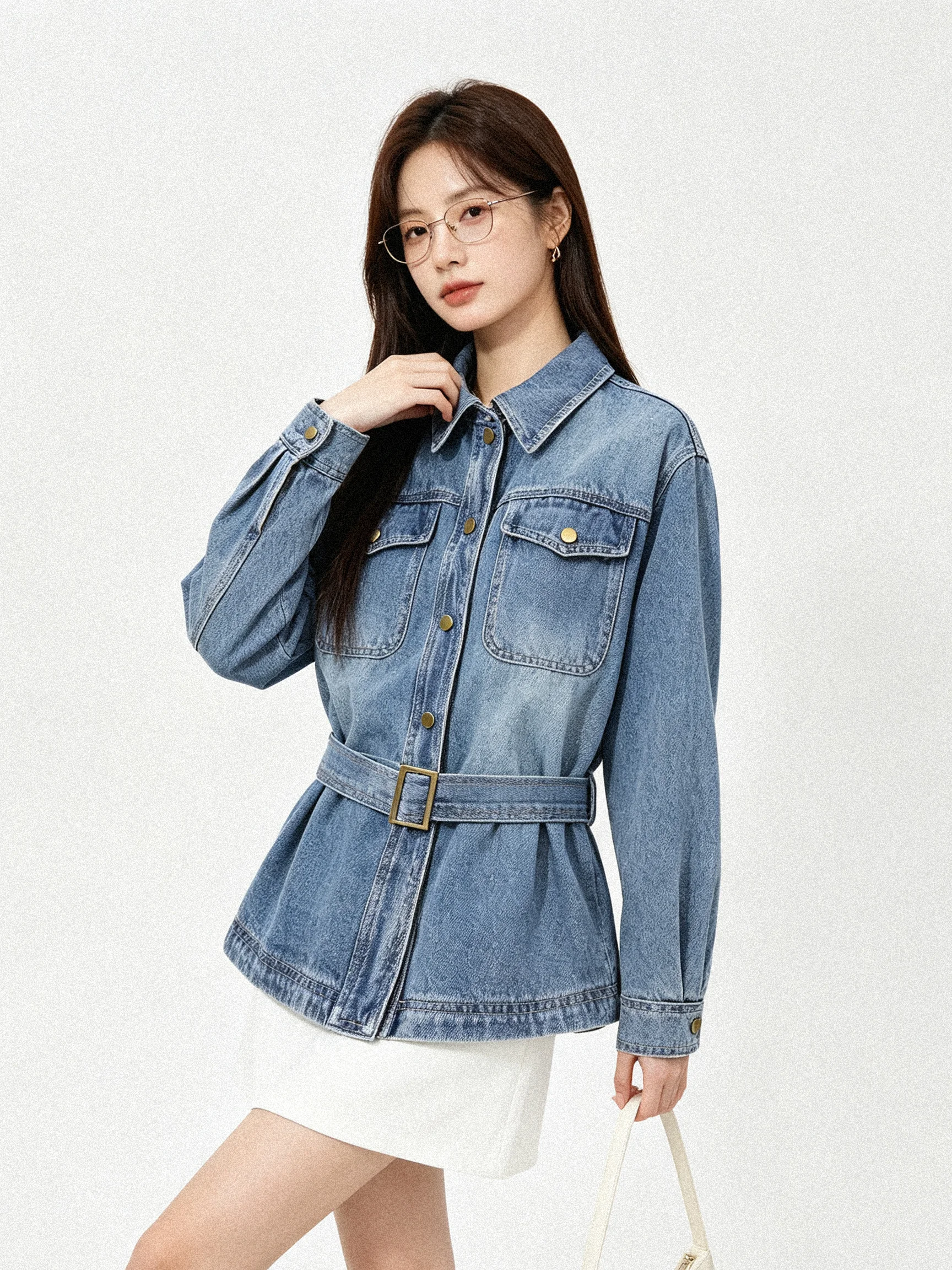 Retro Korean Style Denim Shirt Waist Cinched Washed out Versatile Belted Slimming Fall New Arrival Women's Casual Shirt