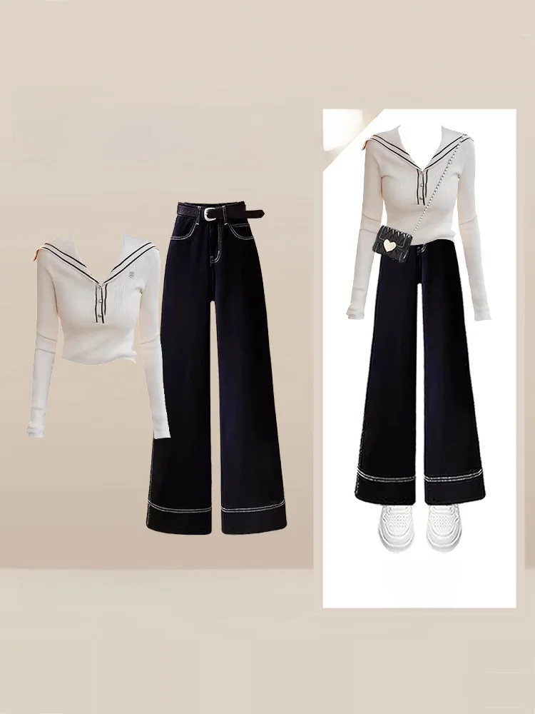 

Slim Fit Long Sve Темно-синий воротник Base irt Женские джинсы с высокой талией Комплект осень-зима для колледжа Трикотажный топ Повседневная одежда