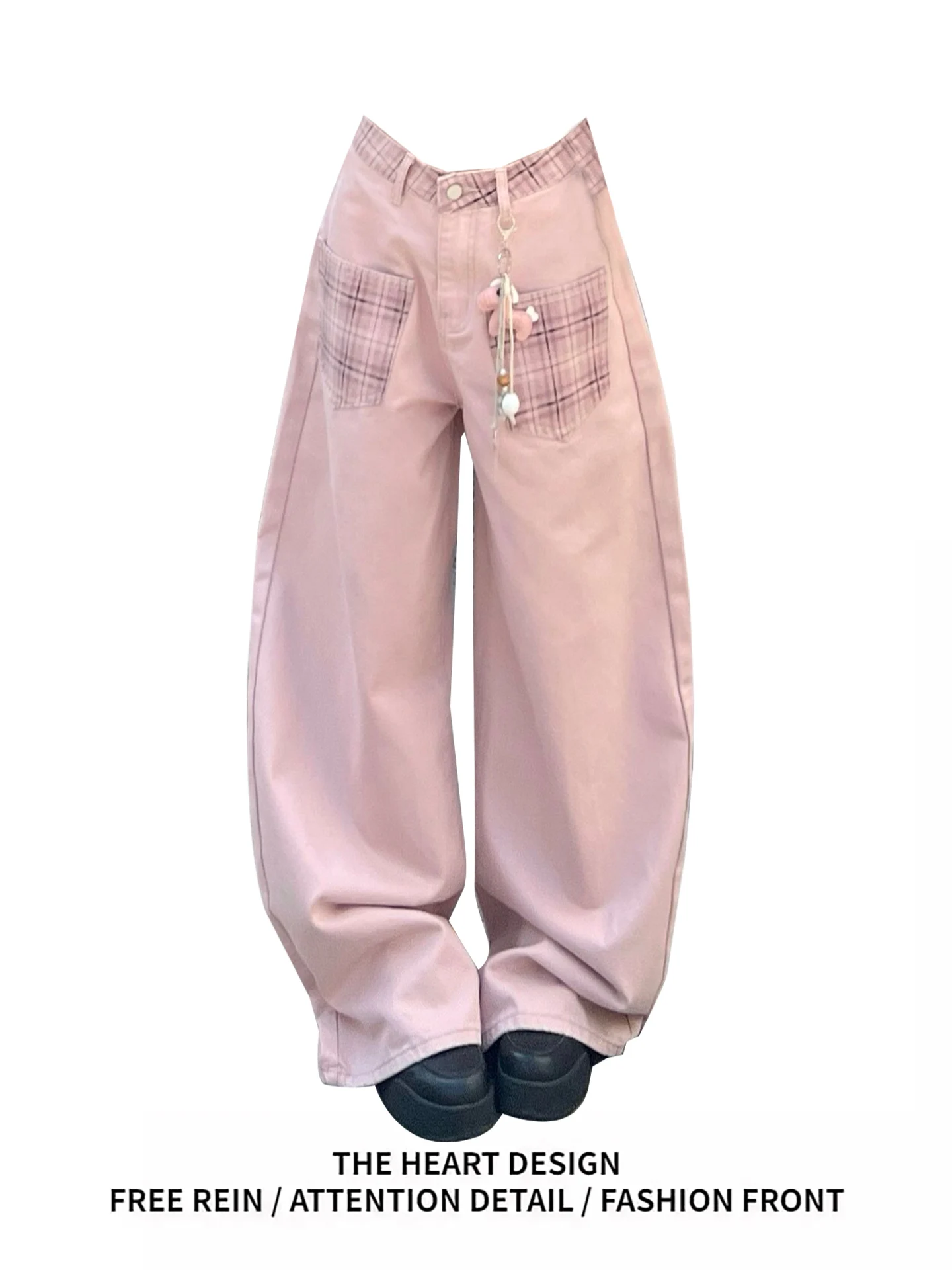 

Pink Denim Pants Women's Spring New Design Wide Leg Plaid Patchwork Dungarees Cleanfit High Waist Cotton Casual Non-stretch