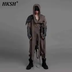 HKSH Men's Tide Punk Waste Land Style Design Niche Linen Distressed Washed Cape Hooded Shirt Trendy Dark Garde-avant Top HK1566