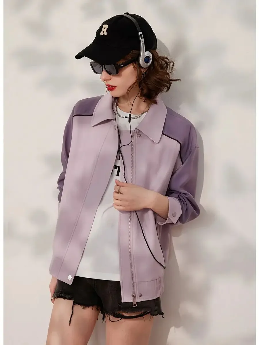 LOUIS YAO Women Jacket Contrast Color Turn Down Collar Long Sleeve 2024 Spring Coat Loose Fit Casual Fashion Women Coat