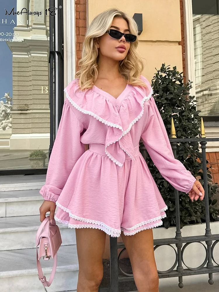 Mnealways18 Crape Pink Patchwork Lace Shorts Sets 2 Pieces Ruffled Shits And Wide Legs Shorts Women Elegant Outfits Office 2024