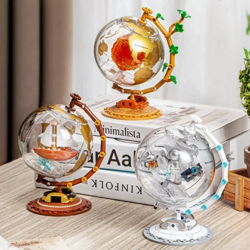 Illuminated Globe Building Blocks Aerospace Model Desktop Ornaments Children's Educational Assembling Toys Christmas Gifts