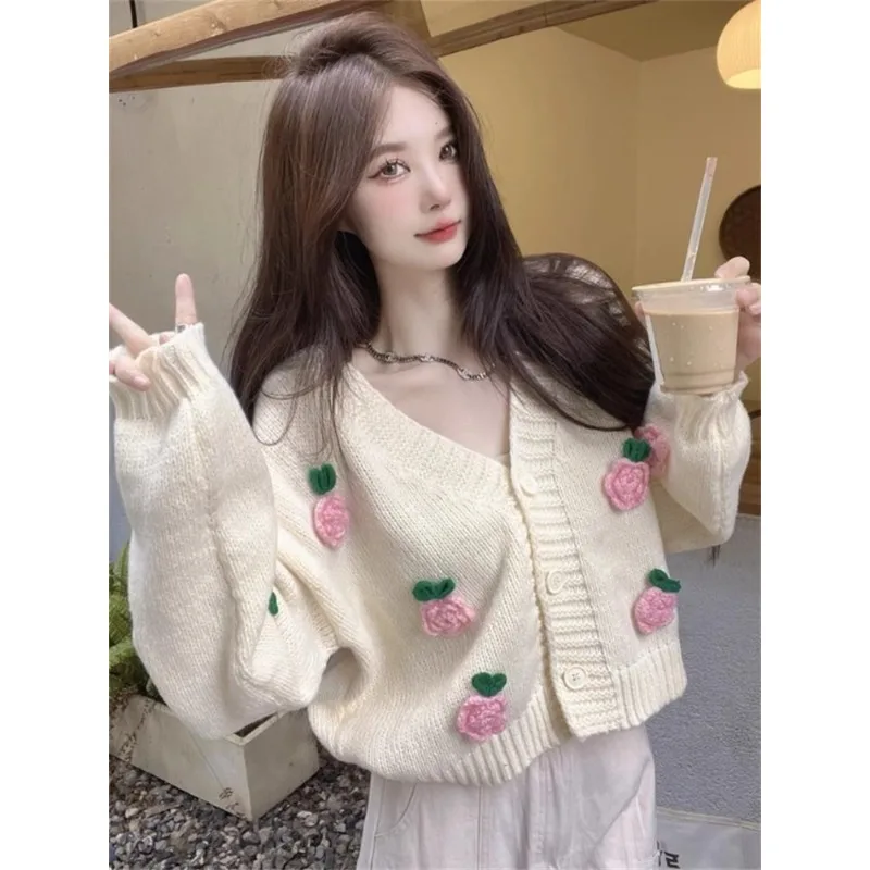 Spring and Autumn Fashion Women's Cardigan Soft Waxy Three-dimensional Rose Embroidery Flower Sweater Coat