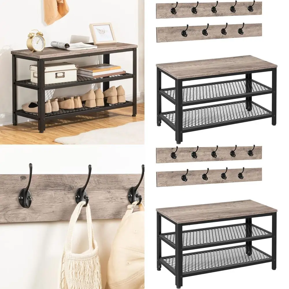 

Скамья для хранения в прихожей 3-в-1 с крючками для одежды, полкой для обуви и металлическим каркасом серого и черного цвета