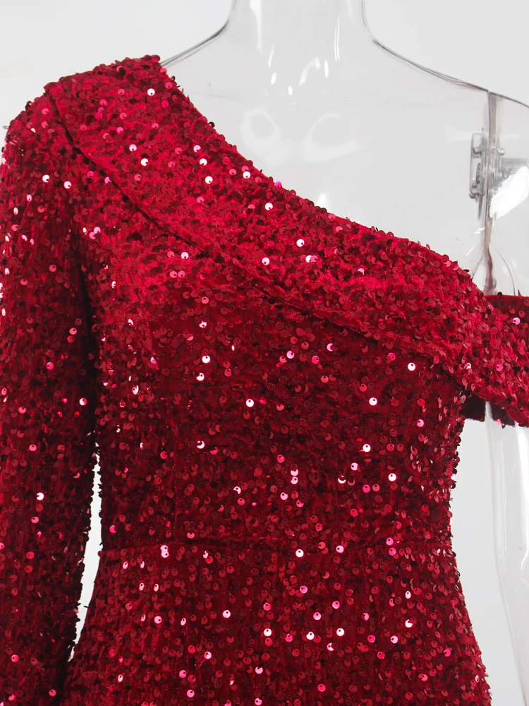 One Split Sleeve Sparkle Stretch Sequin Evening Night Dress Off Shoulder Mermaid Floor Length Bobydon Party Dress Red