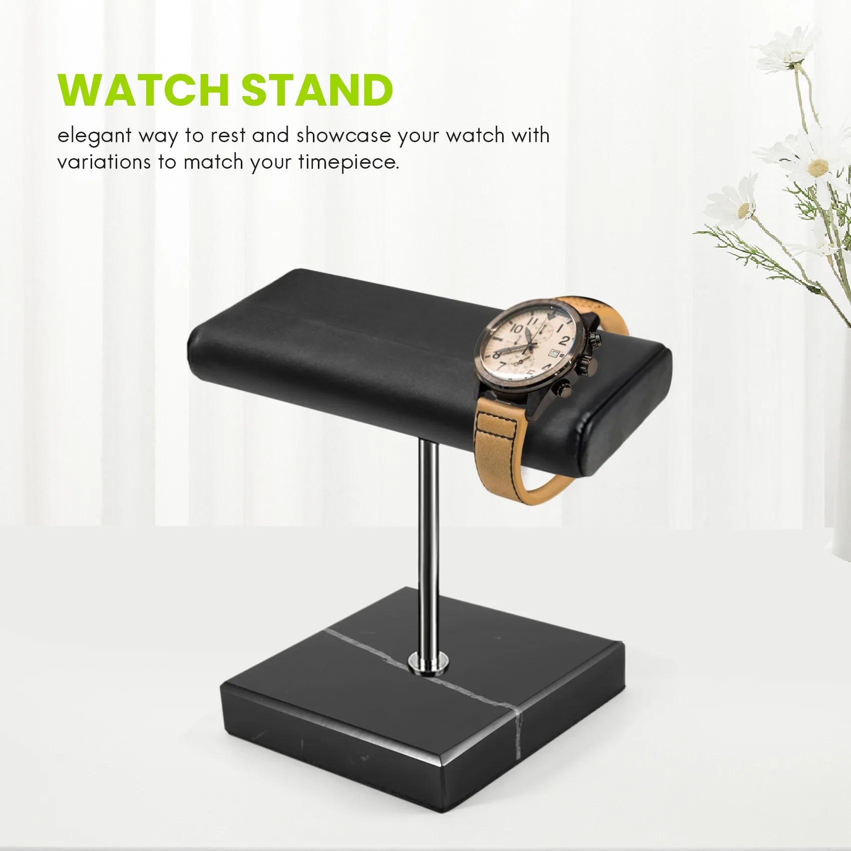 ABQR Base in marmo nero Supporto per orologio Colore argento Asta di metallo Display Puntelli Bracciale Gioielli Allunga supporto per il posizionamento