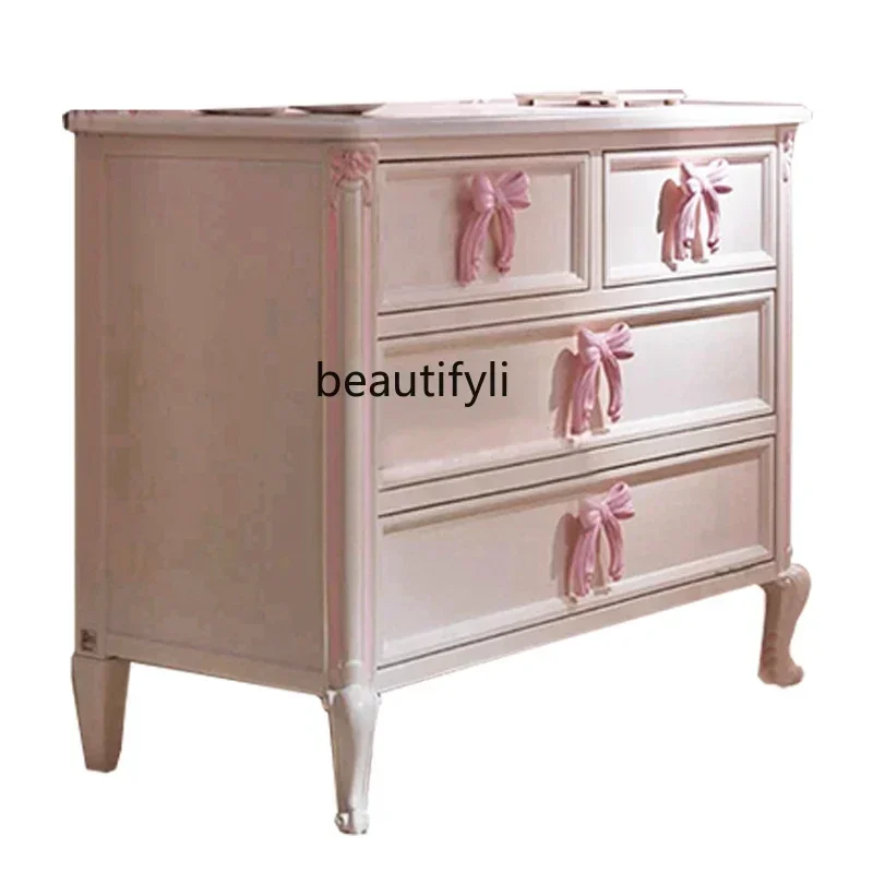 cc182R zqSolid Wood Chest of Drawers Four-Drawer Children's Room Locker Bedside Cabinet Vintage Engraving Storage Cabinet Prince