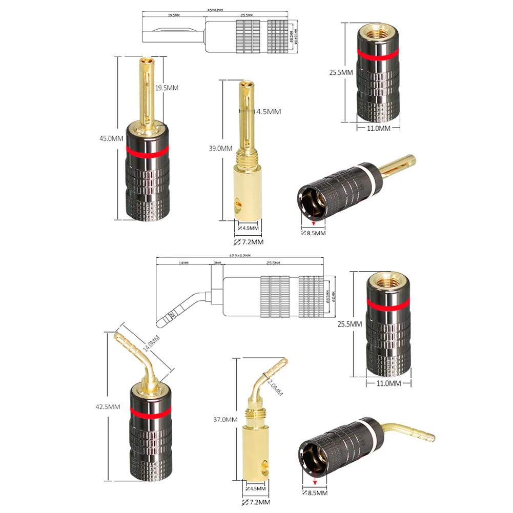 Spina a Banana HIFI da 4 pezzi connettore a Banana da 4mm in rame placcato oro 24K spina per altoparlante connettore Audio a Banana