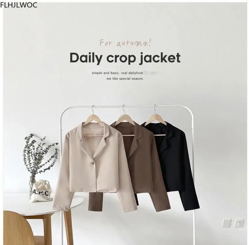 Short Coat Outerwear 2022 Fall Autumn Spring Long Sleeve Chic Korean Fashion Office Lady Women Work Solid Black Crop Blazer