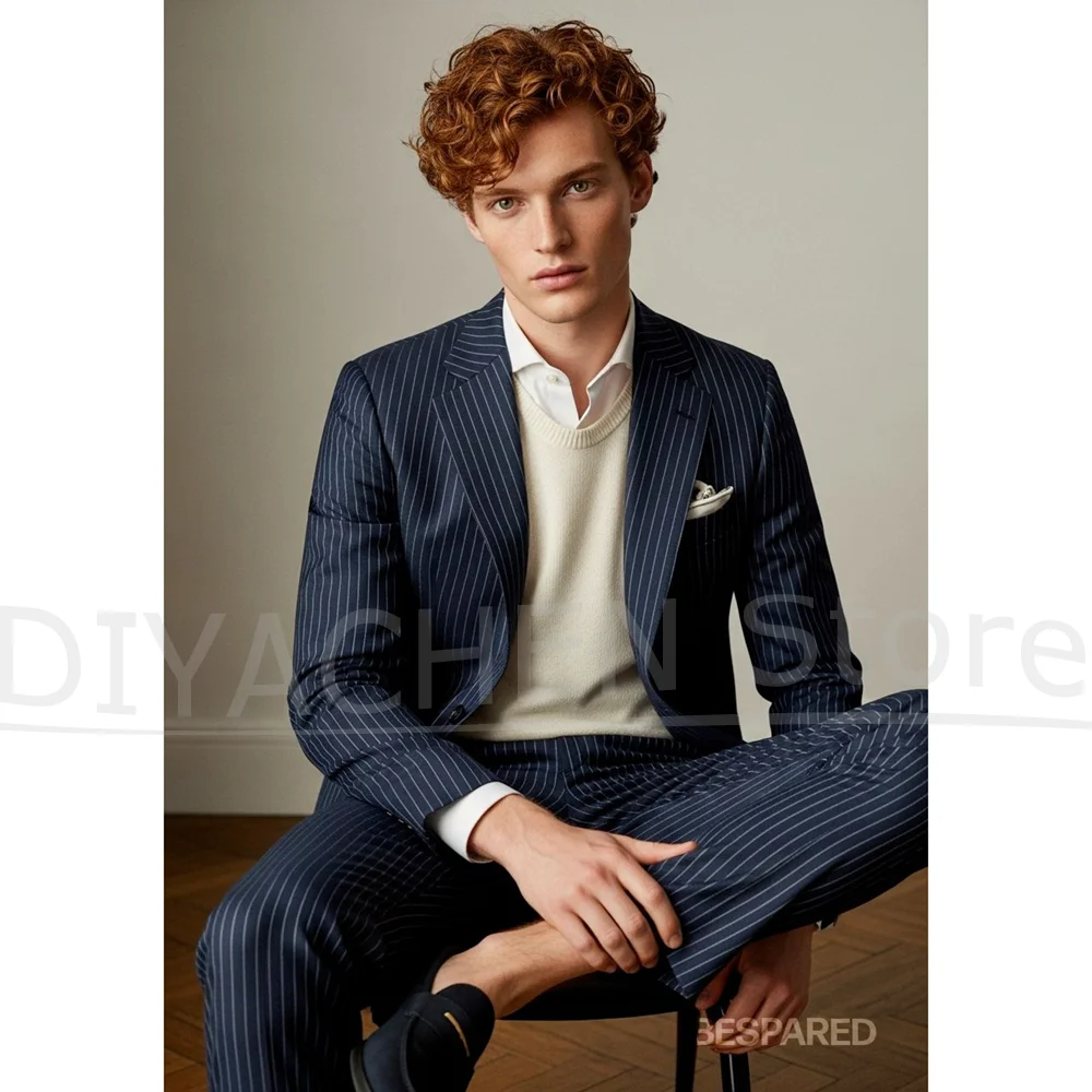 

Мужской темно-синий костюм в тонкую полоску, облегающий однобортный костюм из двух предметов, элегантный повседневный свадебный формальный стильный костюм (куртка + брюки)