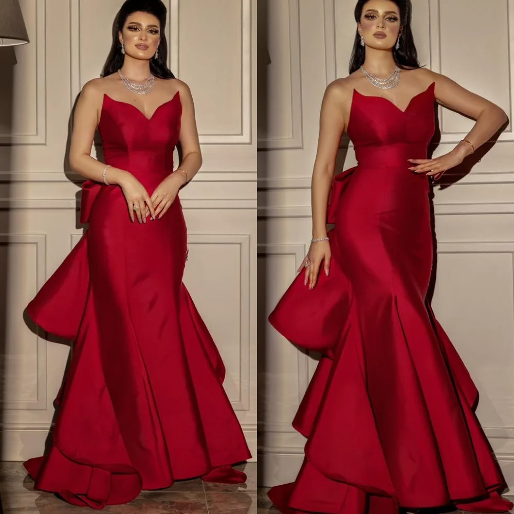 

Customized High Quality Burgundy Satin Evening Dress Classic V-Neck Sleeveless Lace Up Back Sweep Train Special Occasion Gowns